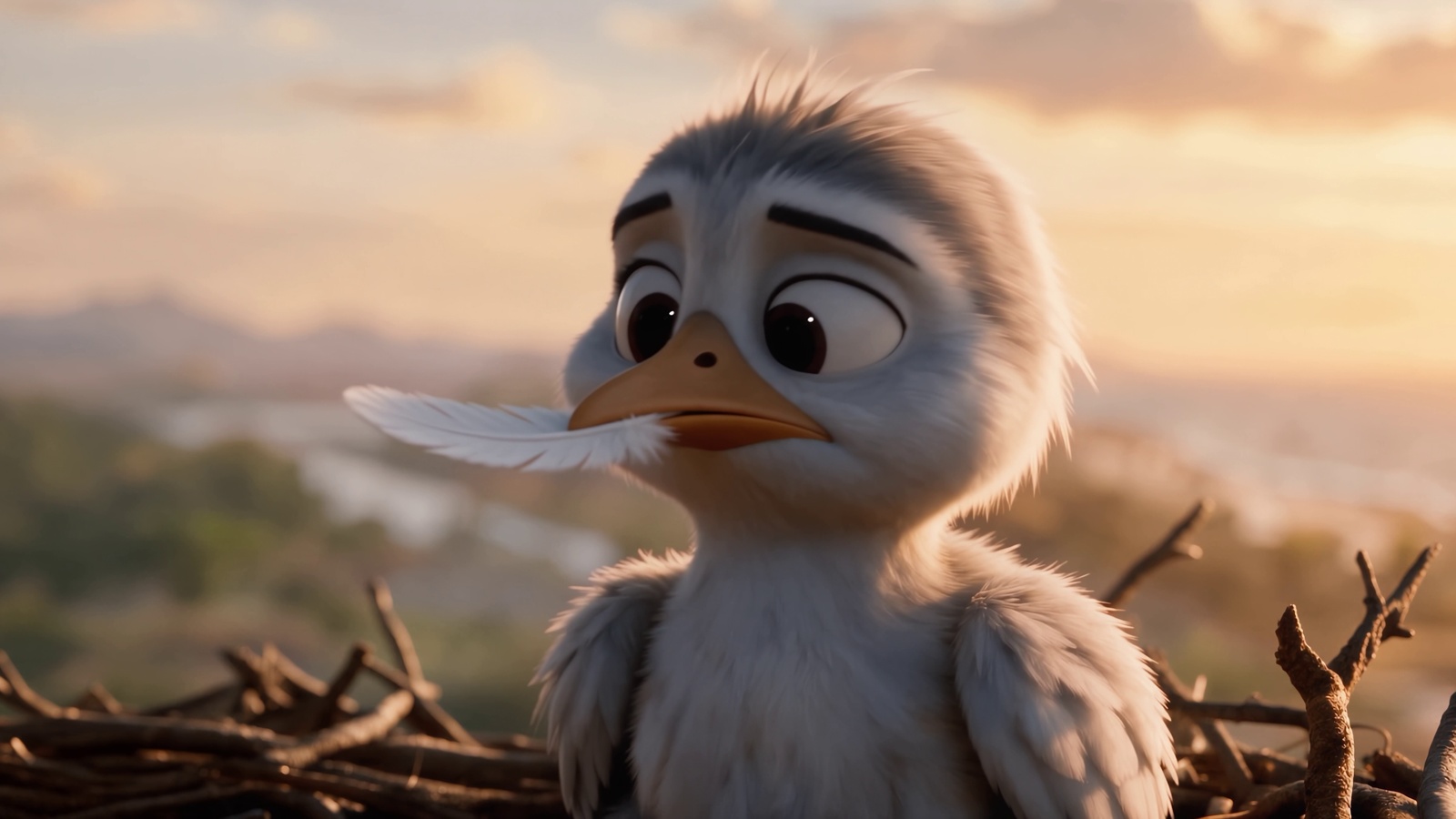 A young bird holding a feather at sunrise